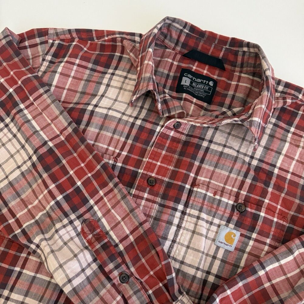Carhartt Flannel Shirt Men’s Large Burnt Orange Plaid Rugged Flex Relaxed Fit